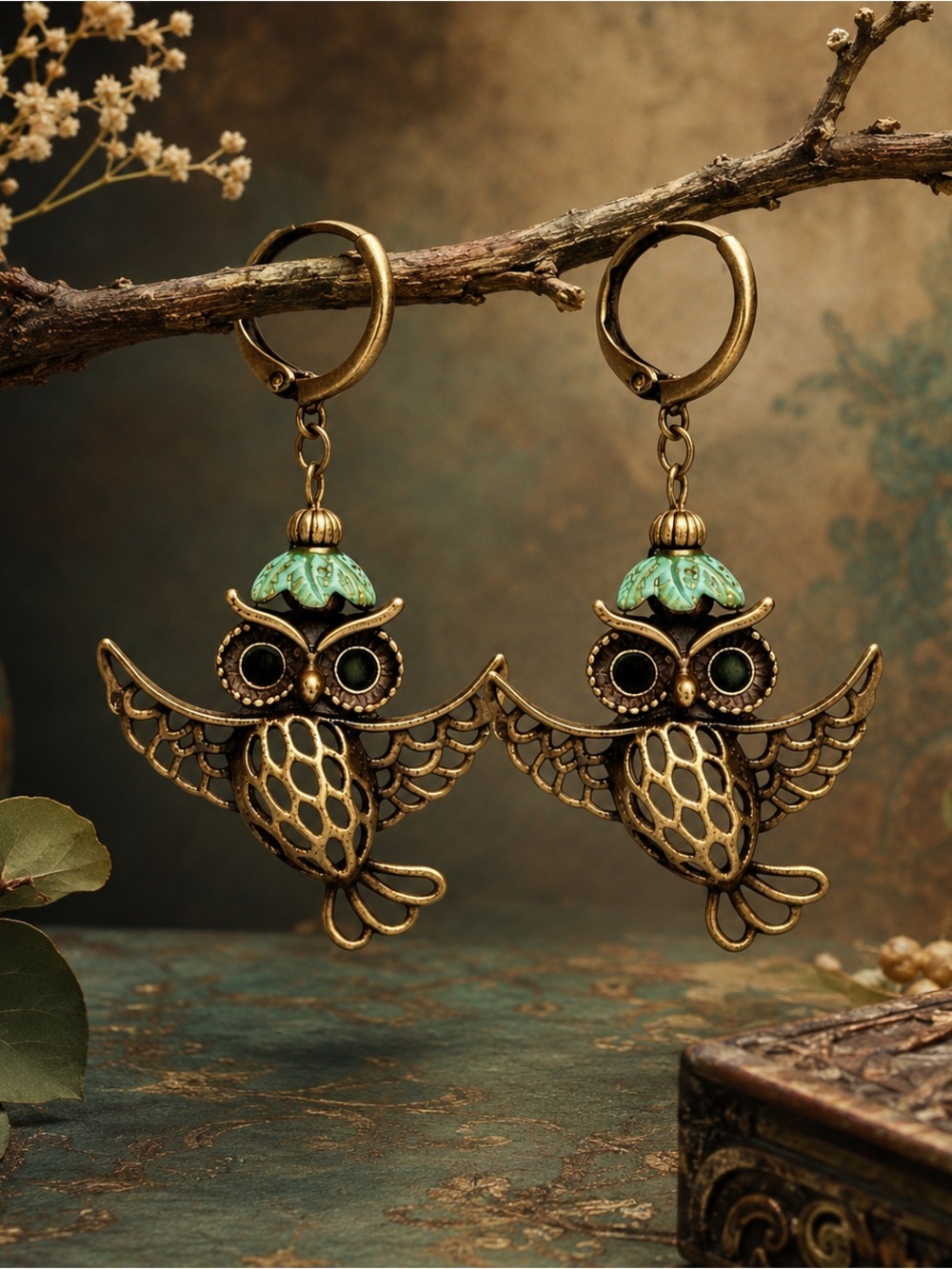 Antique Bronze Patina Owl Earrings, Verdigris Woodland Dangles